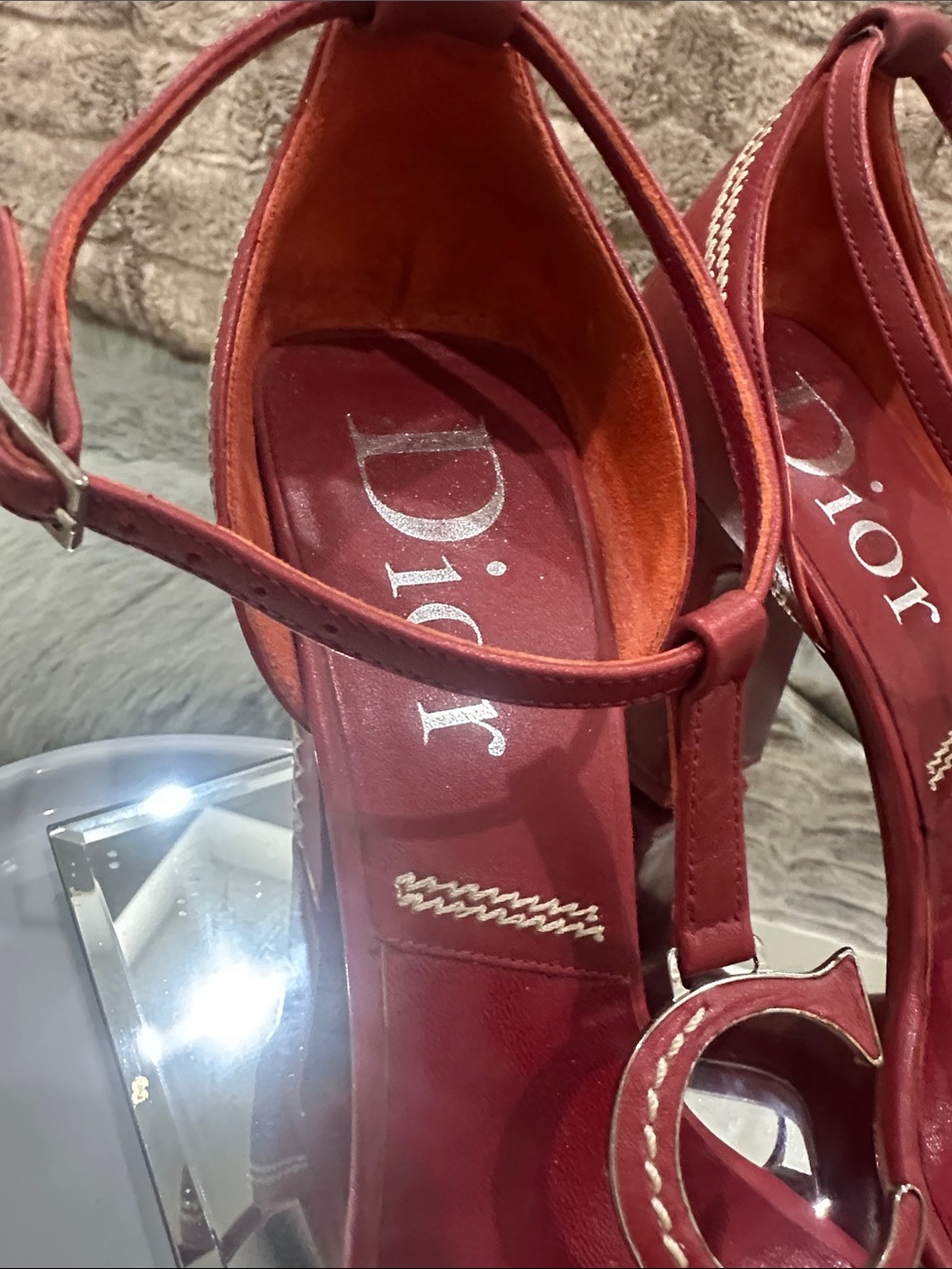 RARE DIOR C D logo Red T-Strap Block Heel dress shoes with white stitching 4’ - Picture 4 of 14